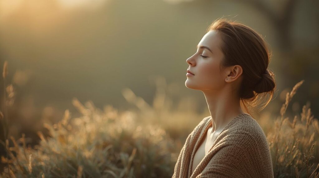 Home a peaceful woman sitting in nature, soft morning light, sage green and warm tones, minimalist, wellness, mindfulness, vertical format, photorealistic