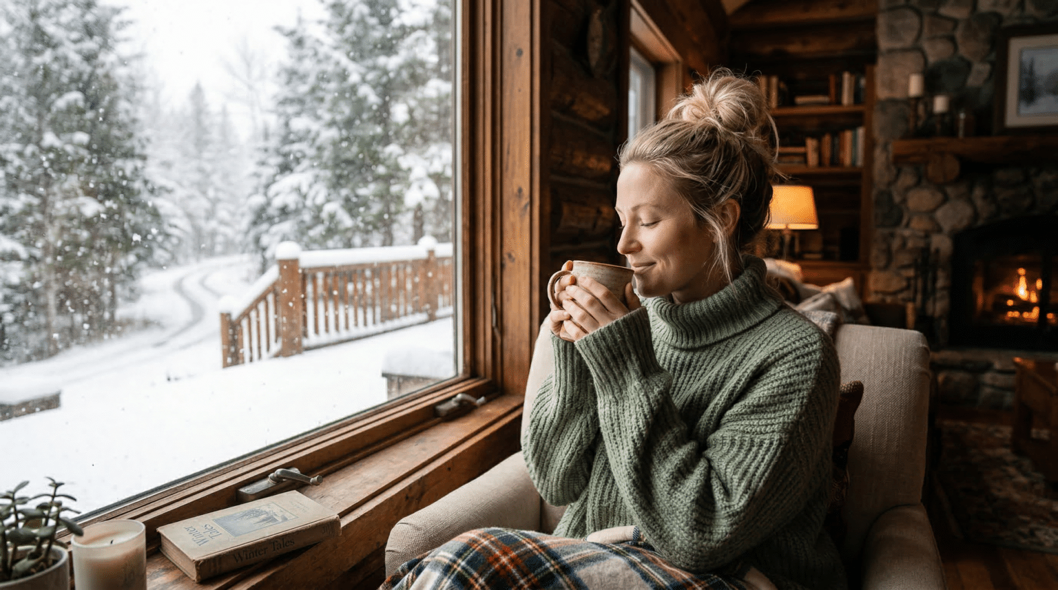 Frau mit Tasse am Fenster einer gemütlichen Hütte im Schnee