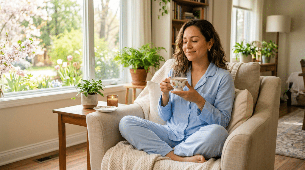 Frau sitzt im Sessel und hält eine Tasse