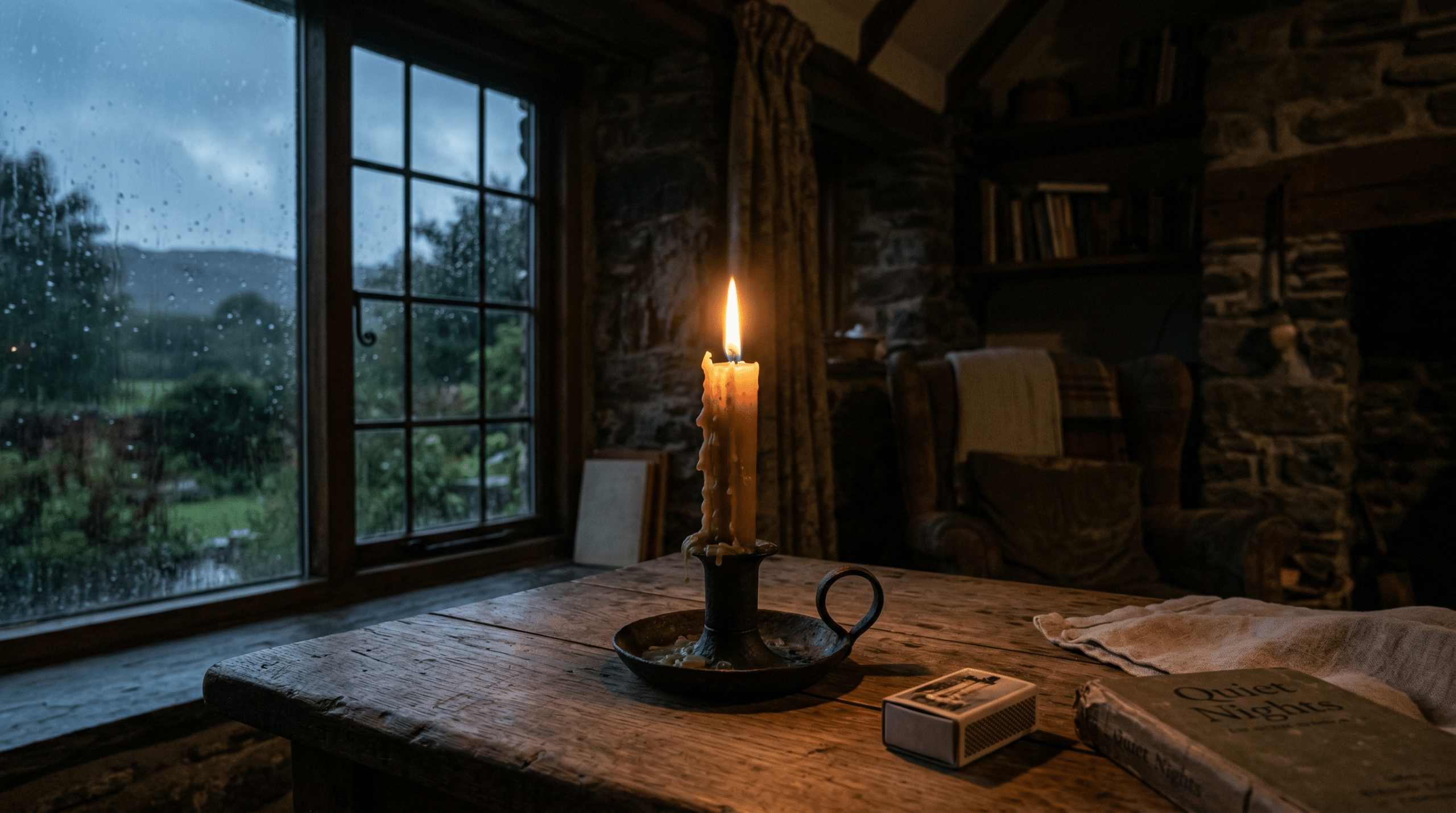 freepik a single rustic candle burning with a steady flame in a dark country cottage soft rain on the roof and window a moody and emotional atmosphere warm golden light photorealistic twilight. 0001