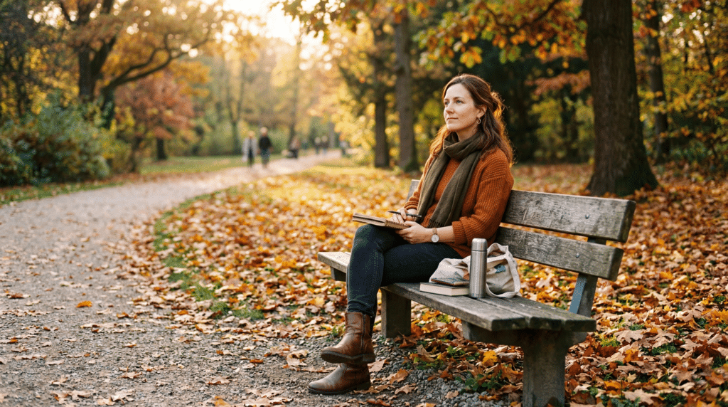 Frau sitzt nachdenklich auf der Bank