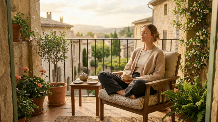 freepik a woman sitting peacefully alone on a sunlit balcony with a cup of tea eyes closed soft morning light warm tones photorealistic calm and serene atmosphere 0001
