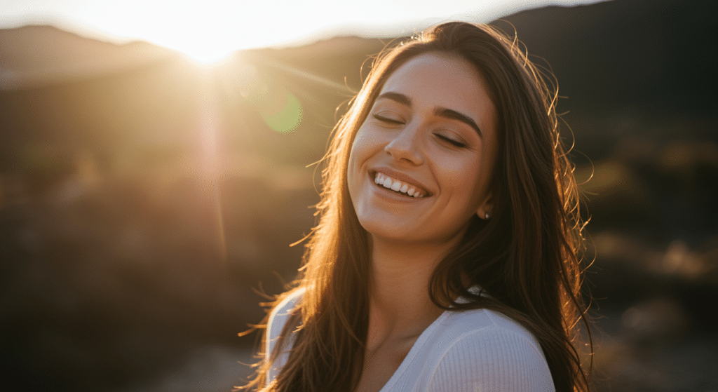 Dein innerer Kritiker hat einen Namen Frau lächelt im Sonnenschein