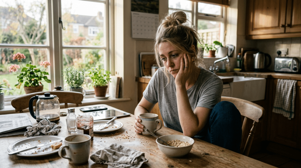 erschöpfte frau am frühstückstisch