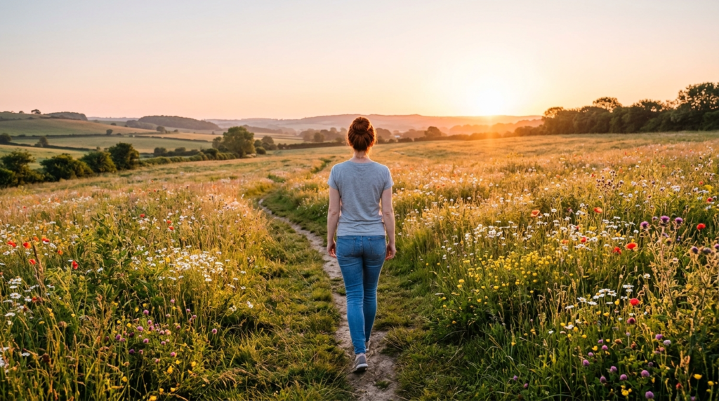 frau läuft über ein feld