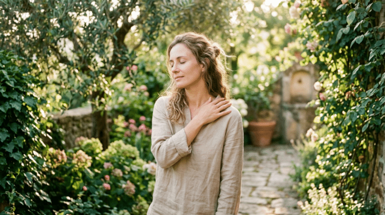 frau legt hand auf ihre schulter