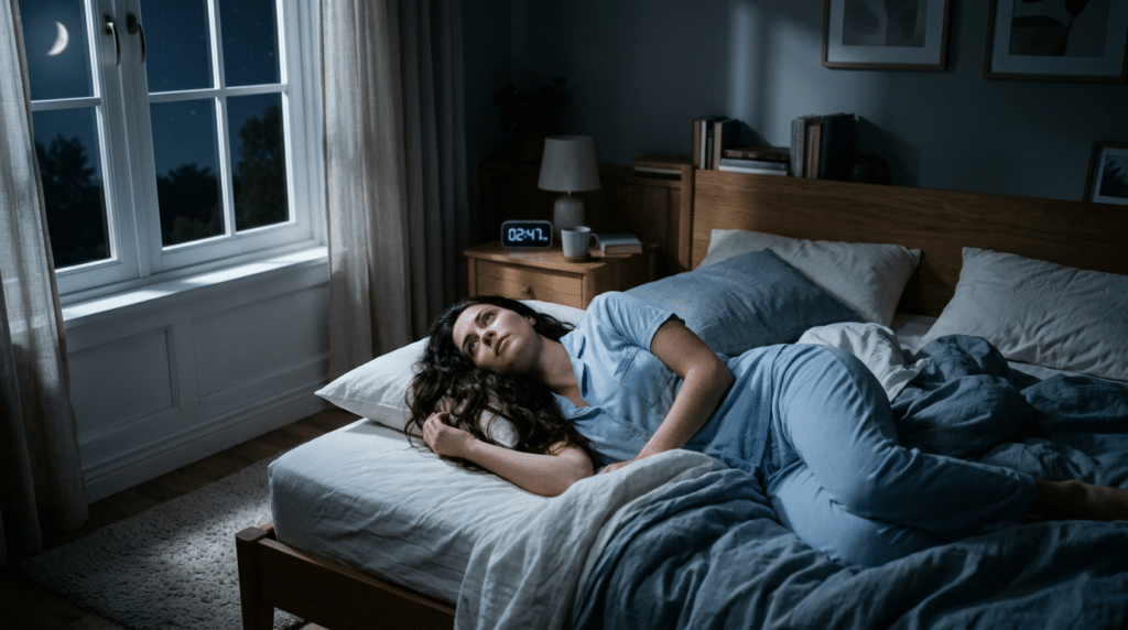 frau liegt im bett und start an die decke