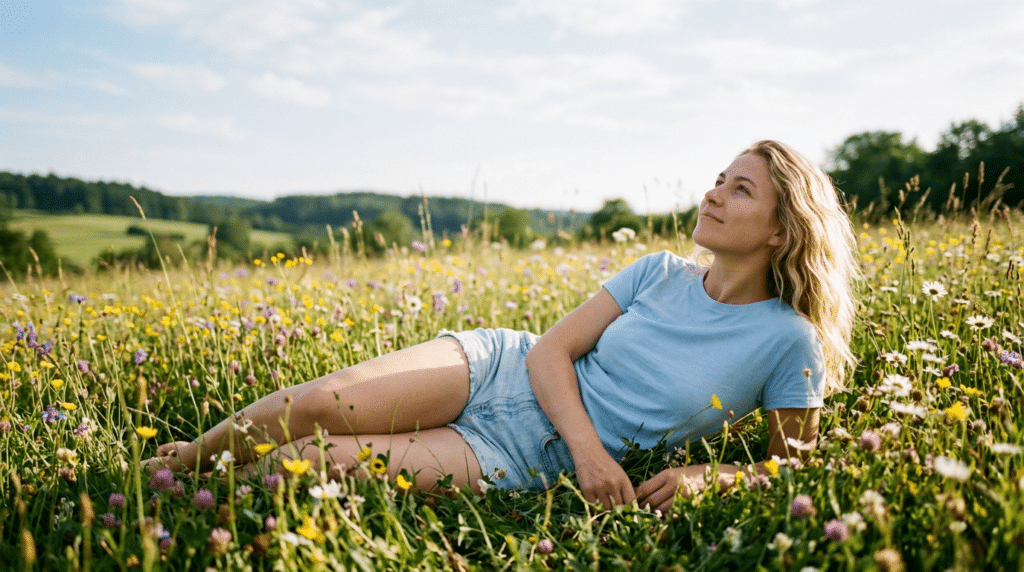 frau liegt im gras