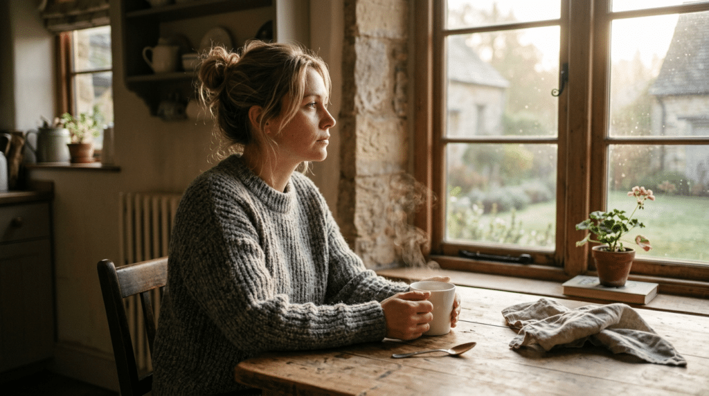 frau sitzt am tisch mit kaffee in der hand