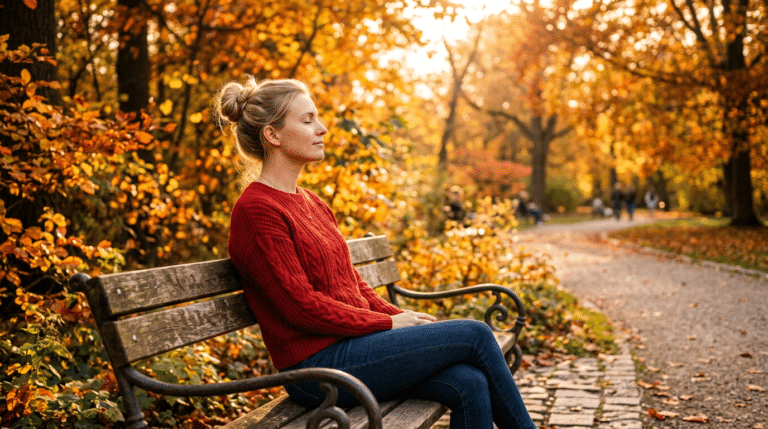 frau sitzt auf parkbank