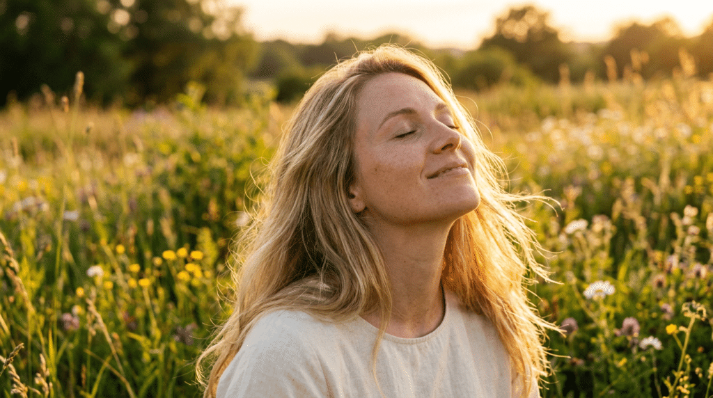 frau sitzt lächelnd auf der wiese