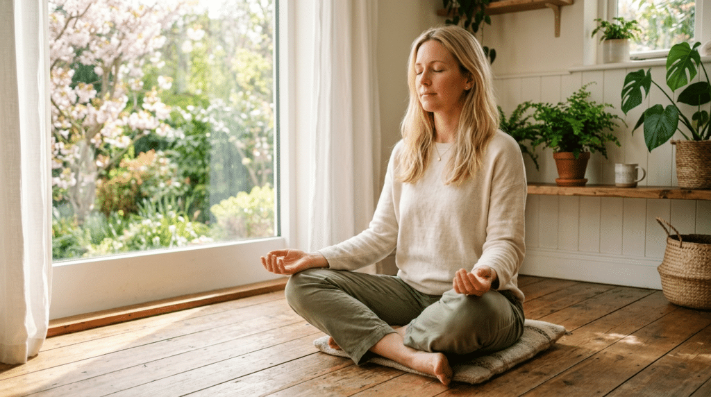 frau sitzt und meditiert
