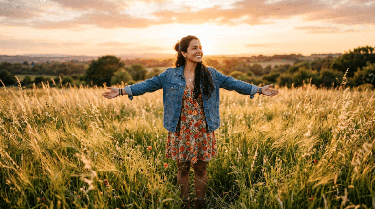 frau steht auf der wiese mit ausgebreiteten armen