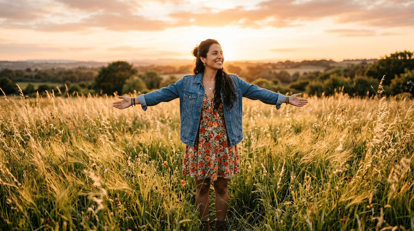 frau steht auf der wiese mit ausgebreiteten armen