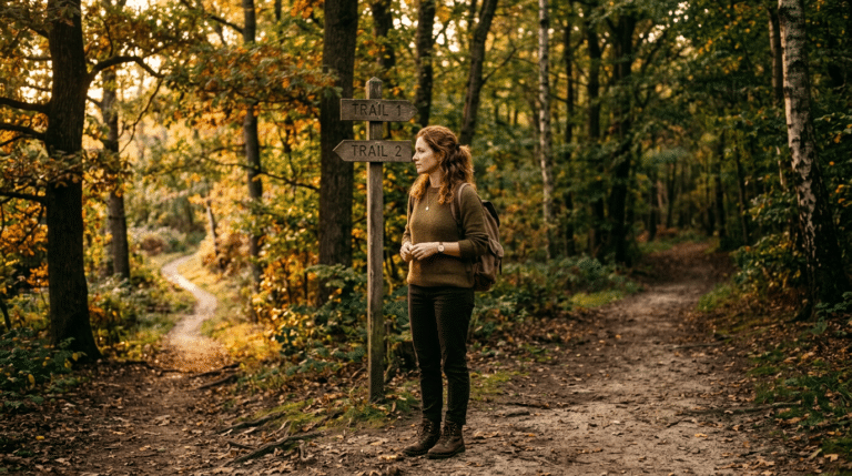 frau steht im wald an einer weggabelung