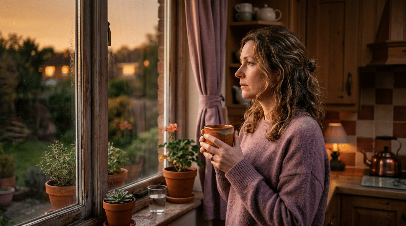 frau steht vor dem fenster mit tasse in der hand