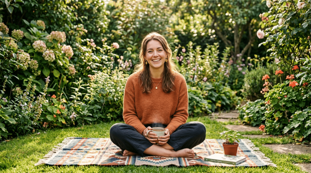frau mit teetasse sitzt auf einer decke im gras