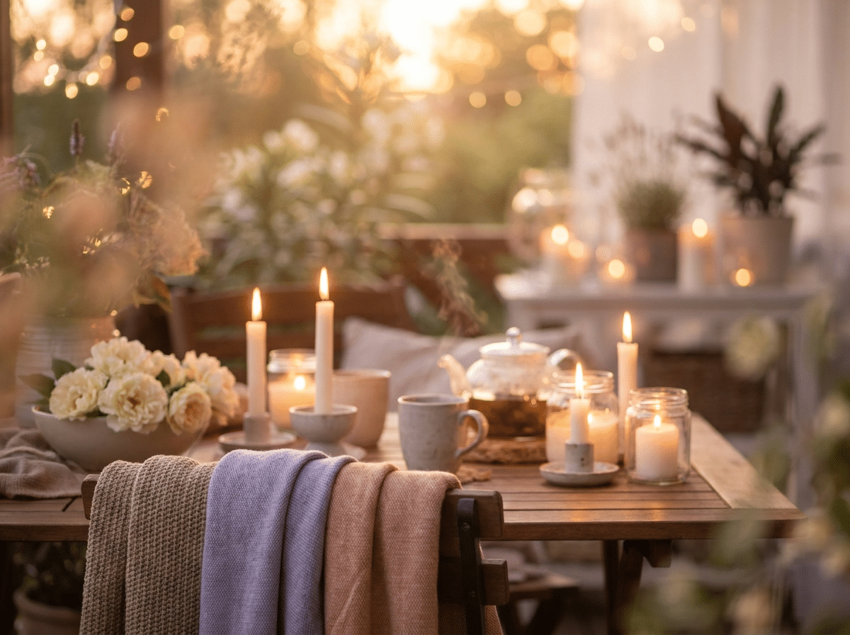 Kerzen und warmes Licht auf einer Terrasse am Sommerabend