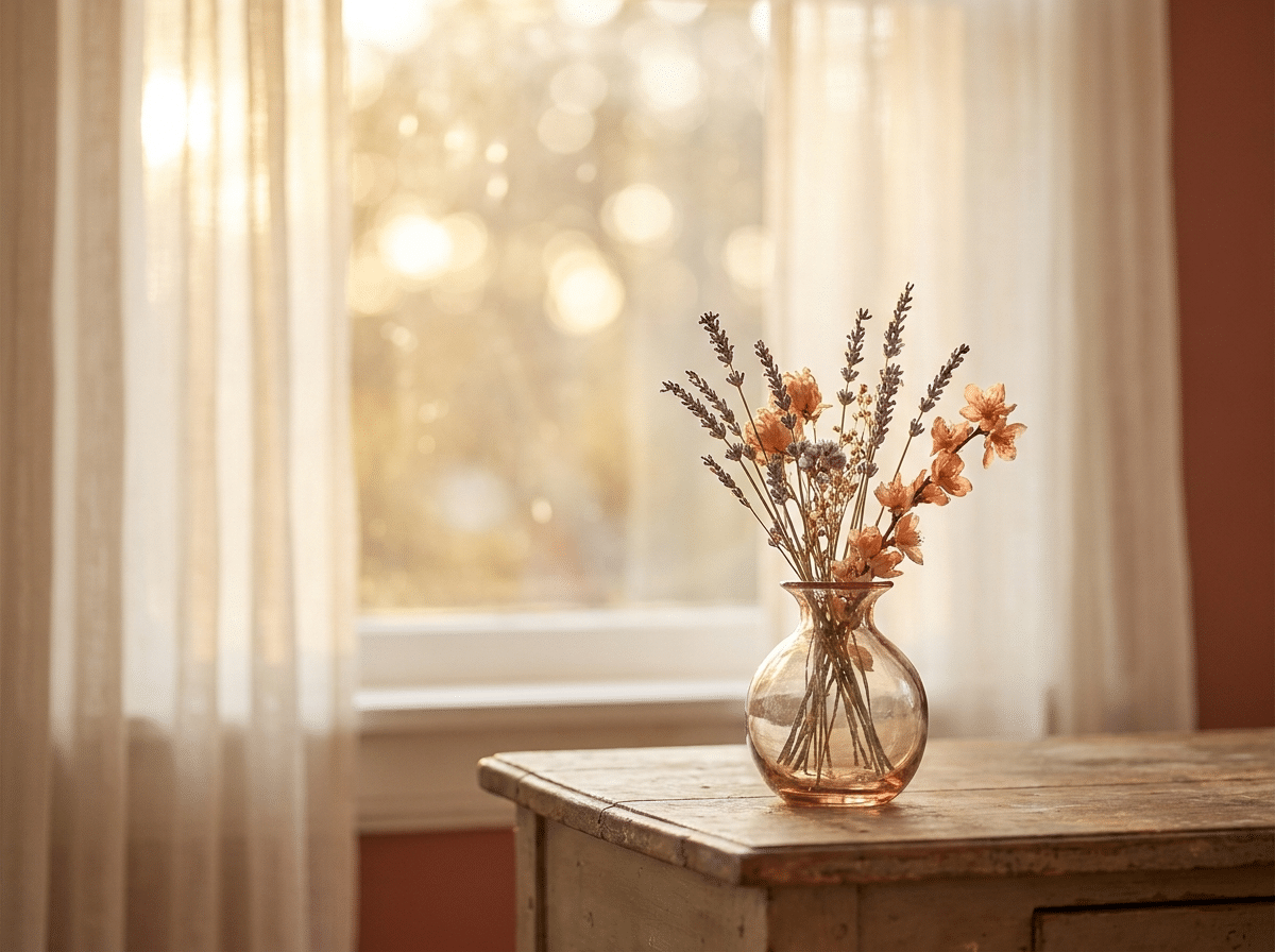 Kleiner Strauß Wildblumen in einer Vase auf einem Holztisch
