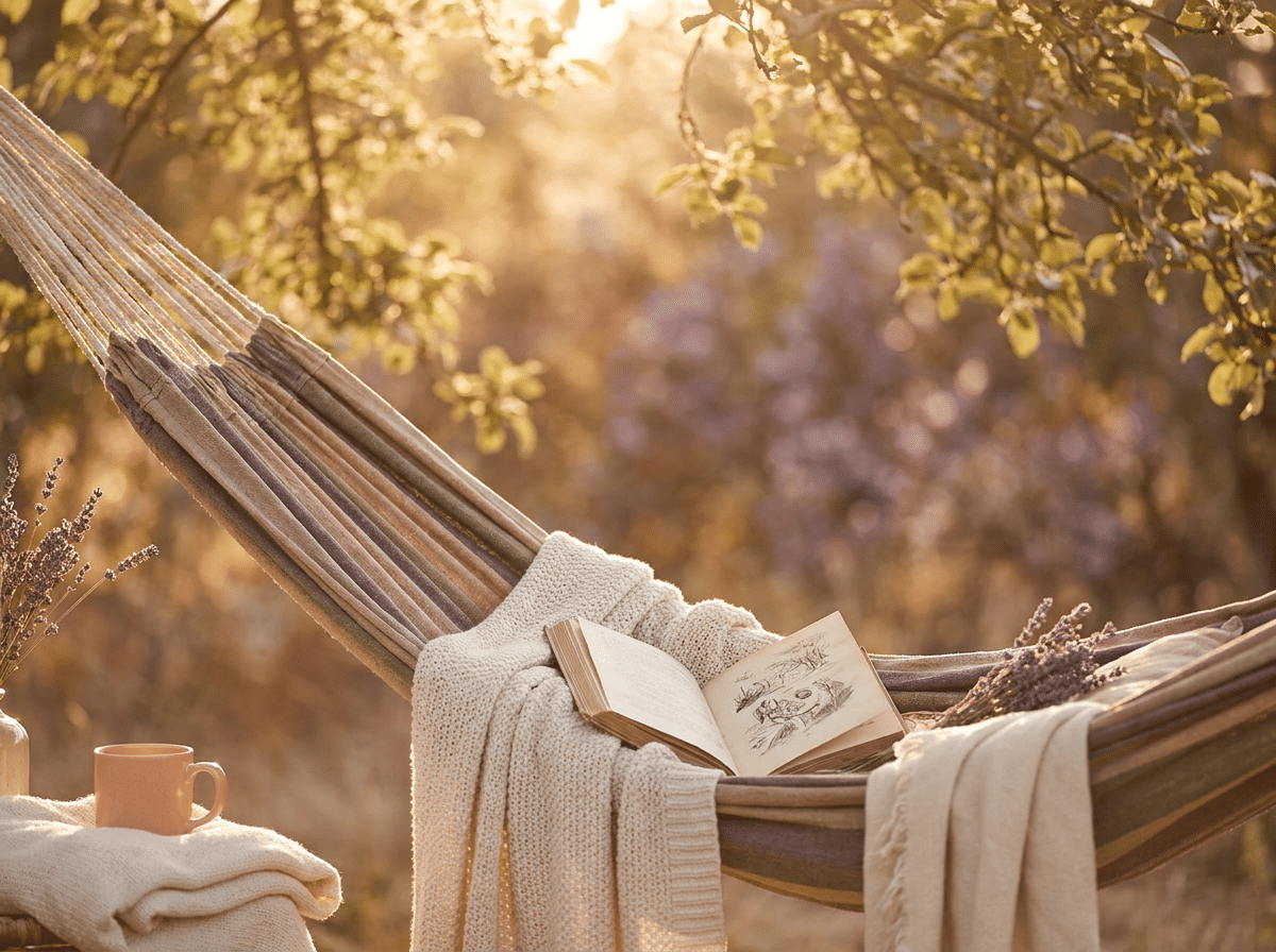Genuss ohne schlechtes Gewissen: Warum du dir Freude nicht verdienen musst Hängematte mit Buch im Baumschatten an einem ruhigen Sommernachmittag