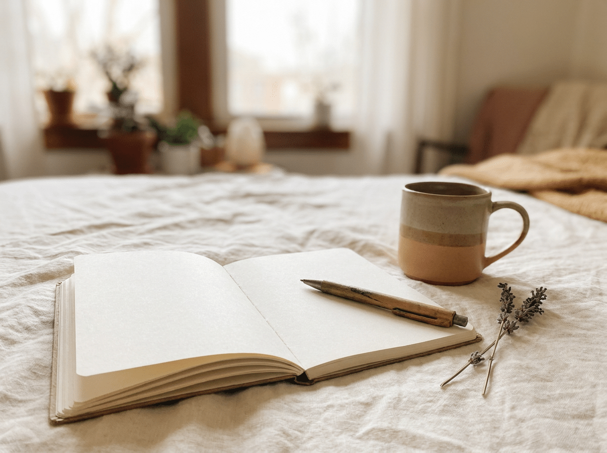 Offenes Notizbuch mit Stift und Tasse im Morgenlicht
