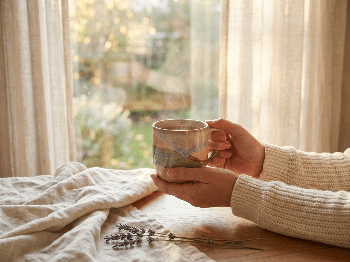 Hände um eine warme Tasse am Morgenfenster