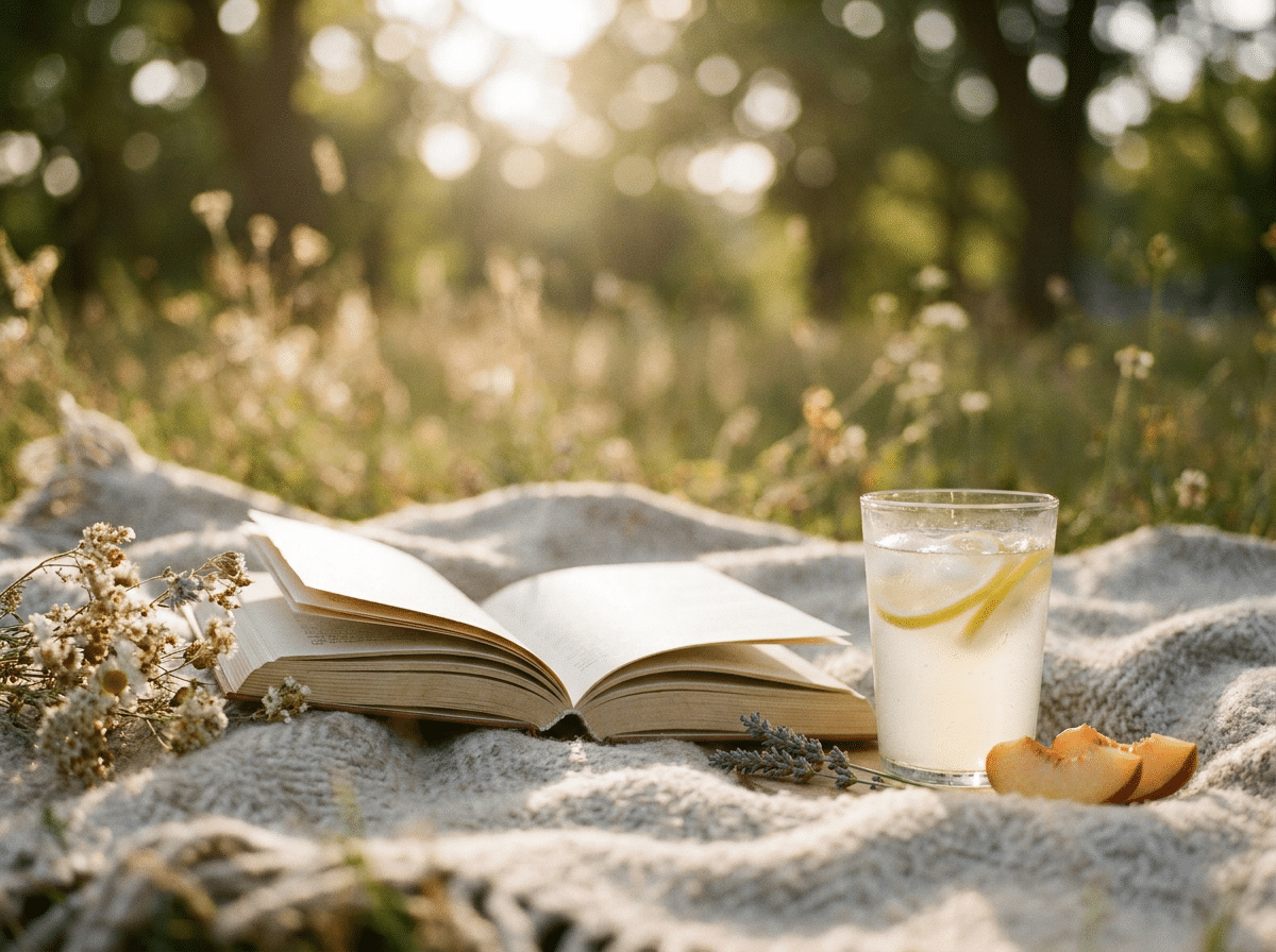 Aufgeschlagenes Buch und Limonade auf einer Decke im Gras