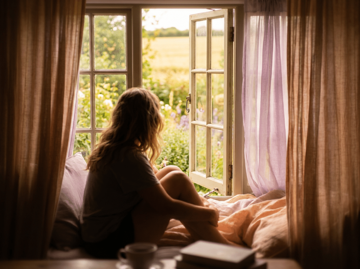 Ruhiger Moment am offenen Fenster mit Blick nach draußen