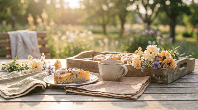 Stück Kuchen und Kaffee auf einem sonnigen Tisch, Genuss ohne schlechtes Gewissen
