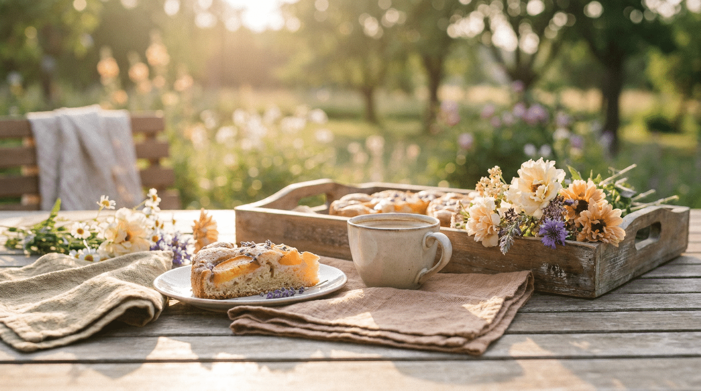 Stück Kuchen und Kaffee auf einem sonnigen Tisch, Genuss ohne schlechtes Gewissen