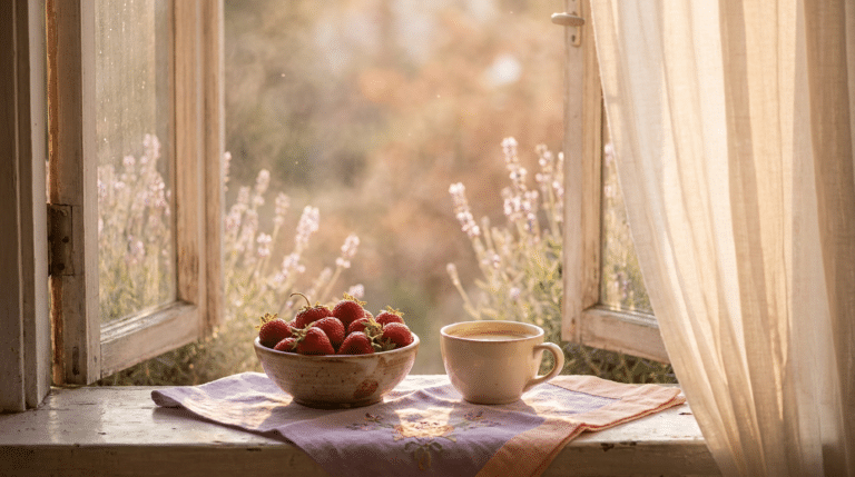 Erdbeeren und Kaffee am offenen Fenster, kleine Freuden im Alltag