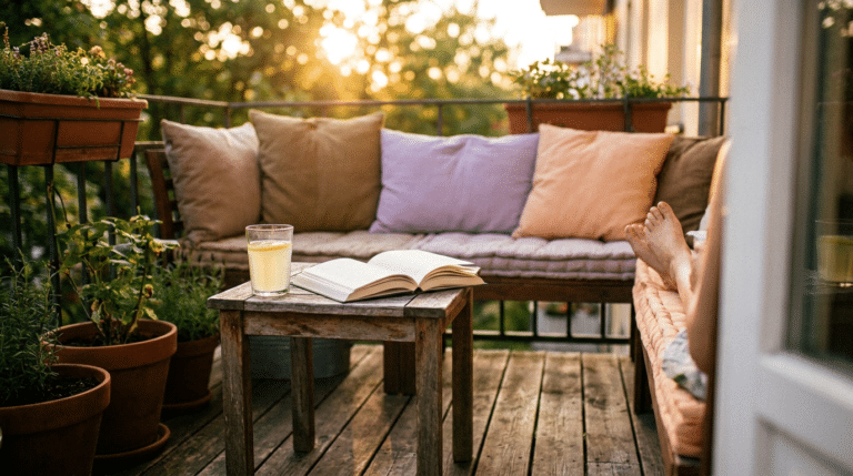 Ruhiger Sommerabend auf dem Balkon mit Limonade und Buch