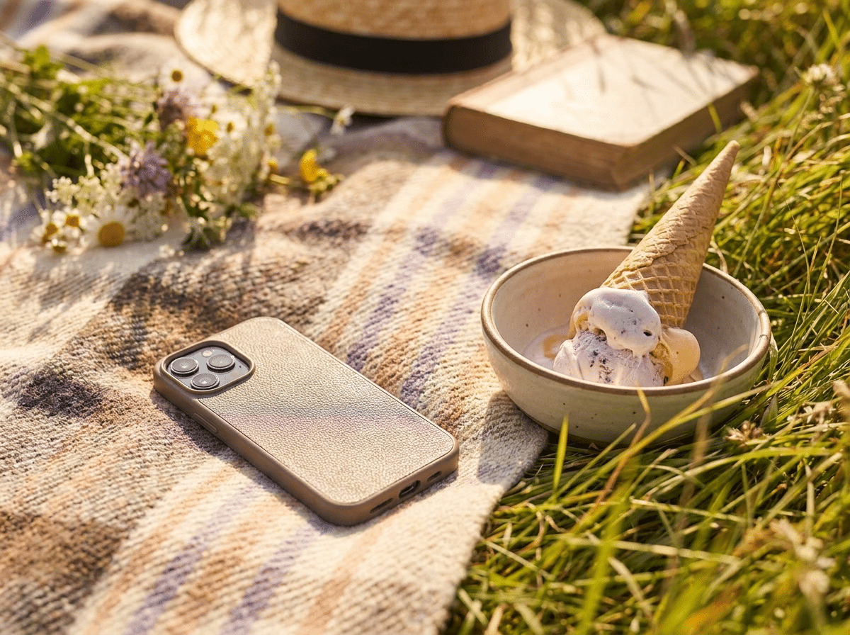 Weggelegtes Handy auf einer Decke im Gras an einem Sommertag