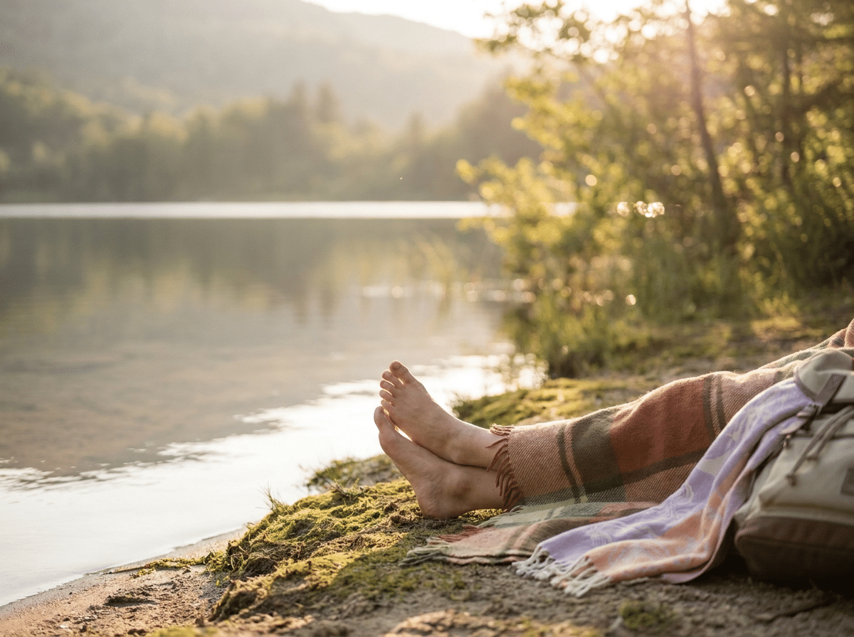Füße am ruhigen Wasser an einem stillen Sommertag