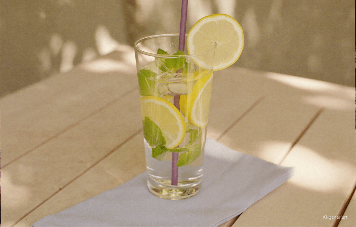 Glas Wasser mit Zitrone und Minze auf einem sonnigen Gartentisch