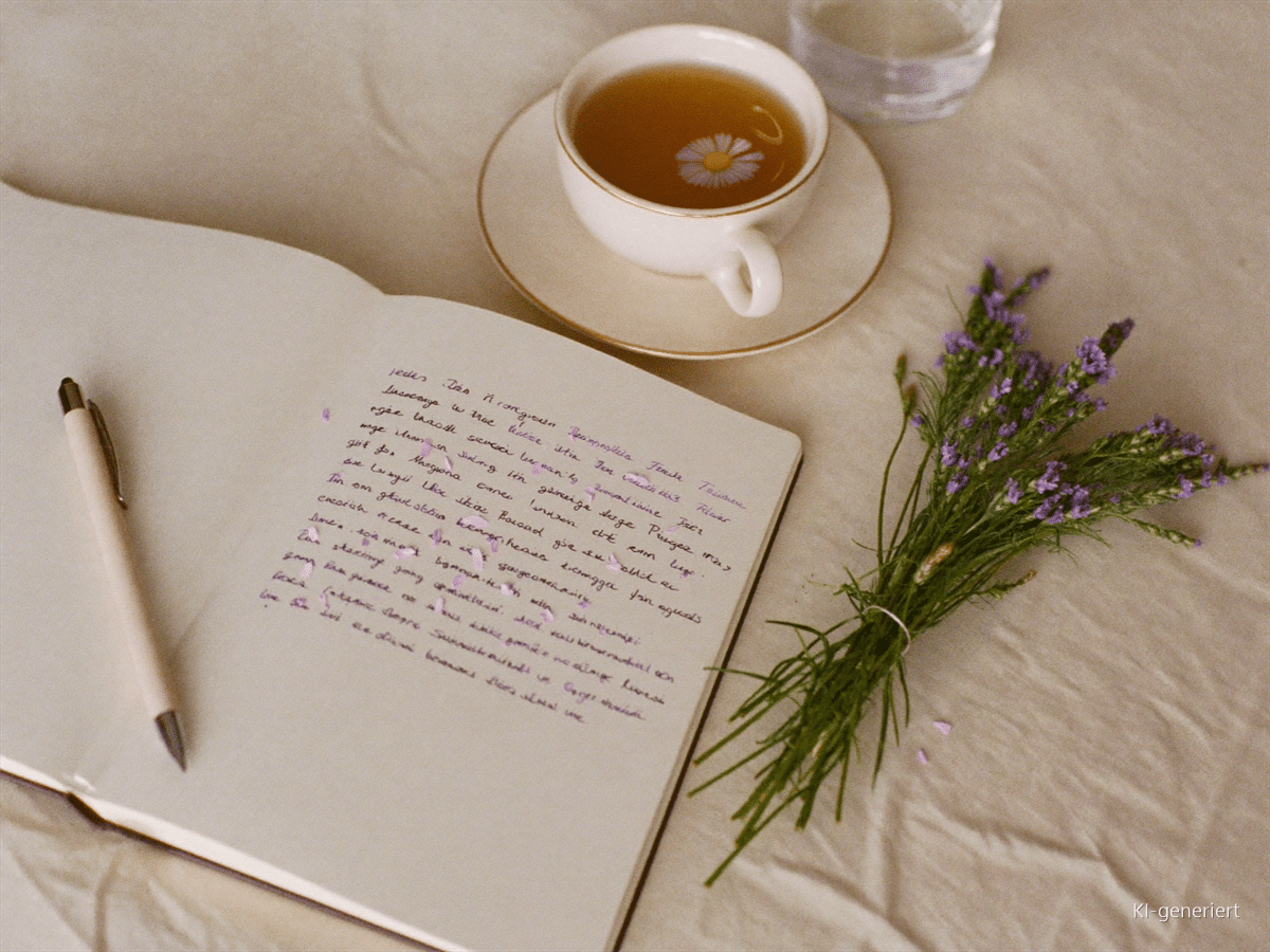Aufgeschlagenes Notizbuch mit Stift, Tee und Lavendel auf hellem Leinen