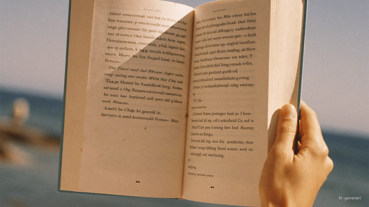 Hand hält ein aufgeschlagenes Buch vor dem Meer