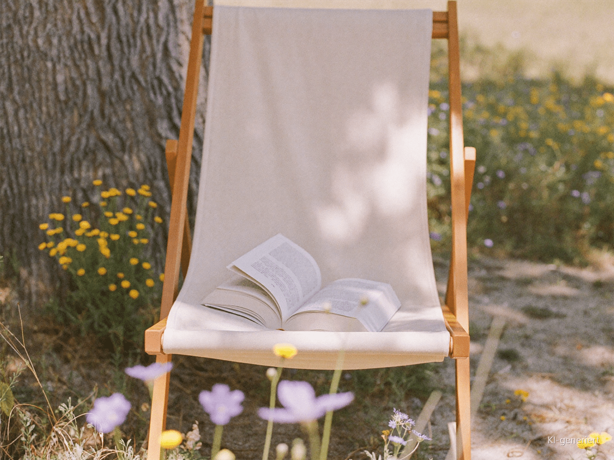 Leerer Liegestuhl mit aufgeschlagenem Buch in einer Sommerwiese