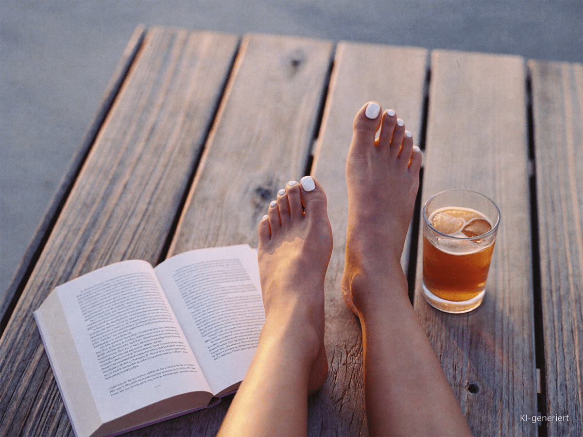 Barfüße auf einer Holzterrasse neben Buch und Glas Eistee