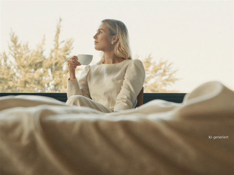 Frau mit Kaffee am Fenster an einem Septembermorgen