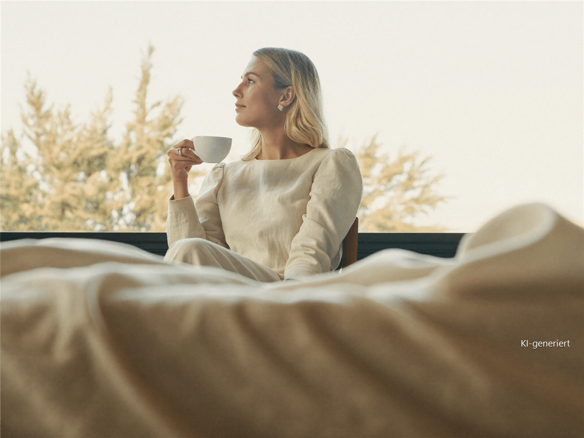 Frau mit Kaffee am Fenster an einem Septembermorgen