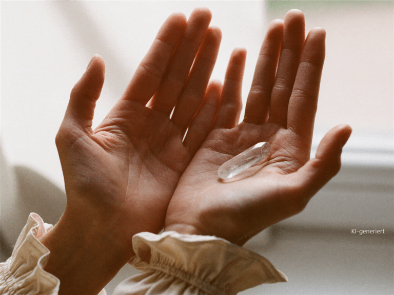 Bergkristall in geoeffneten Haenden