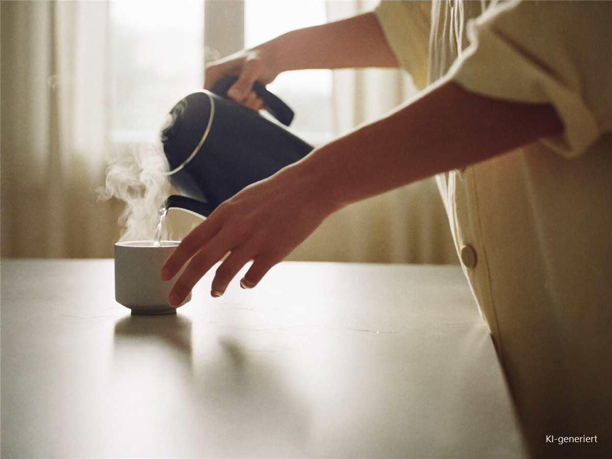 Haende giessen heisses Wasser in eine Tasse