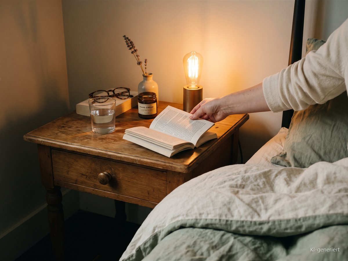 Hand legt abends ein Buch auf den Nachttisch neben Lampe und Wasserglas
