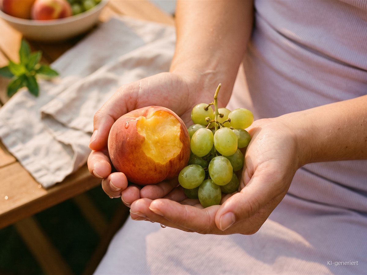 Achtsam genießen: Wie du den Sommer mit allen Sinnen erlebst Zwei Hände halten einen angebissenen reifen Pfirsich und eine Traube grüner Weintrauben