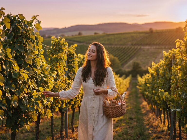 Frau geht bei Abendsonne durch einen Weinberg und streift mit den Fingern über die Weinblätter