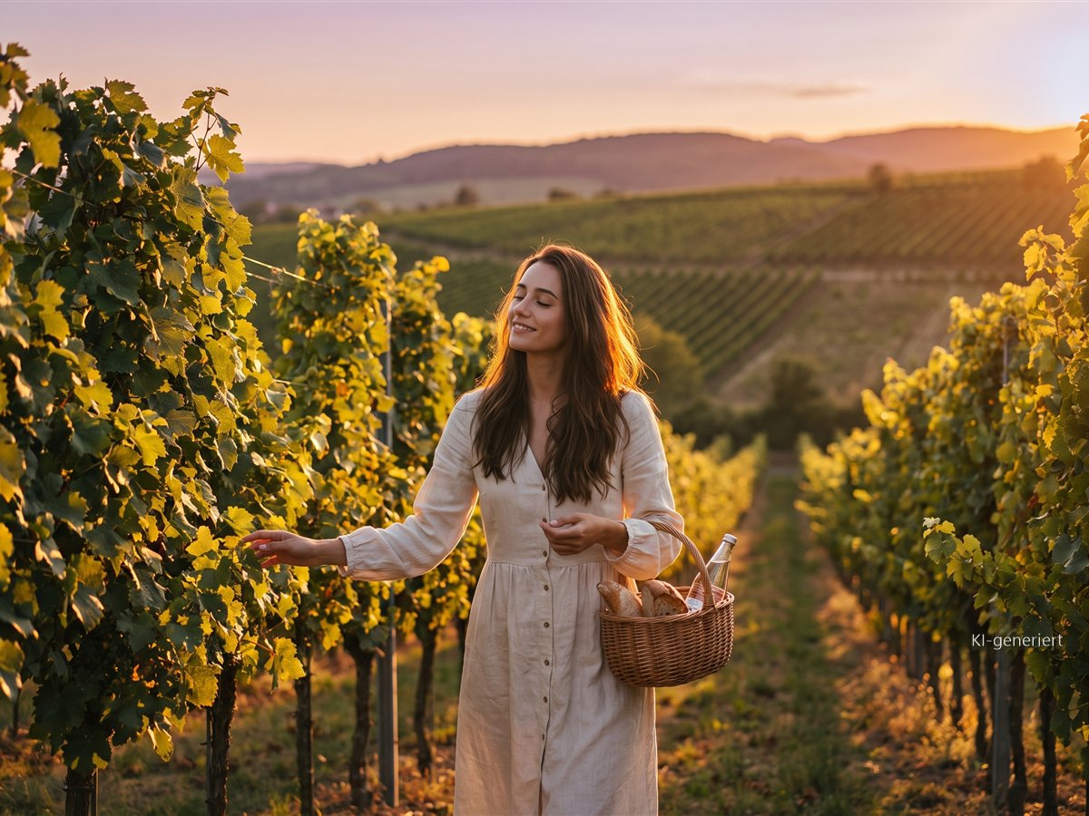 Frau geht bei Abendsonne durch einen Weinberg und streift mit den Fingern über die Weinblätter