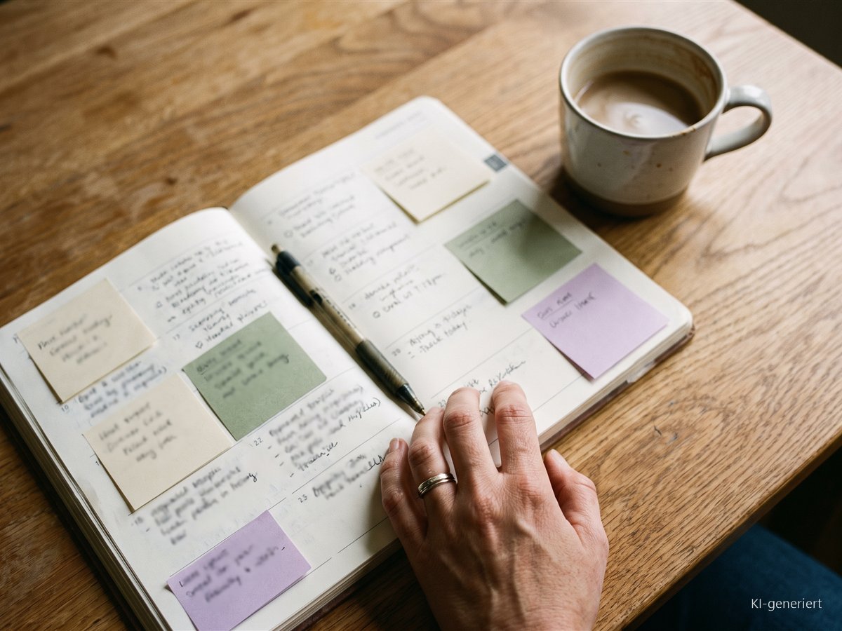Burnout Anzeichen bei Frauen: Diese frühen Zeichen übersiehst du leicht Hand liegt auf einem Kalender voller Termine und Klebezettel, daneben kalter Kaffee