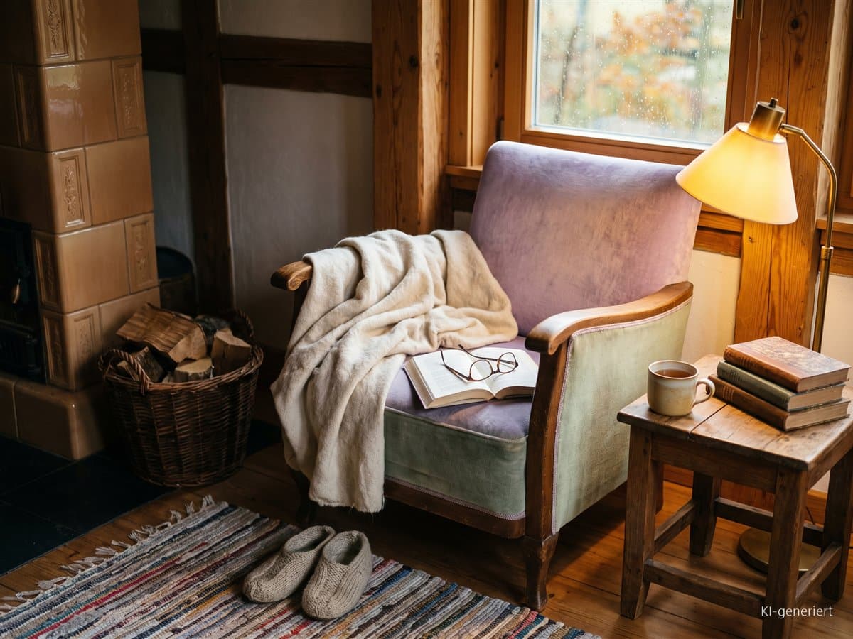 Cozy Selfcare: Warum Gemütlichkeit echte Selbstfürsorge ist Gemütlicher Lesesessel mit Wolldecke, Buch, Brille und Leselampe