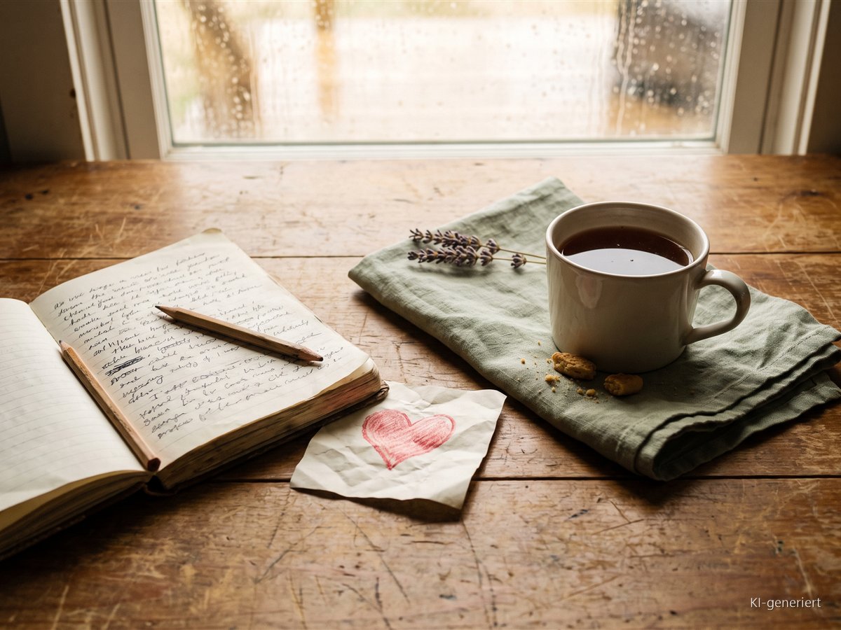 Dankbarkeit an schweren Tagen: Warum sie kein Zwang sein darf Aufgeschlagenes Notizbuch mit Stift neben einer Tasse Tee und einer Kinderzeichnung mit Herz